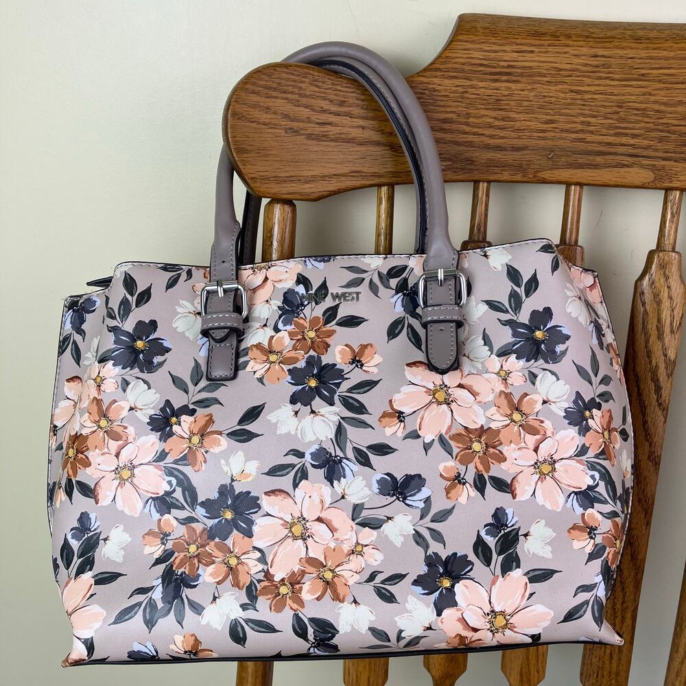 Nine West Small Tote Handbag Grey Pink Floral Print